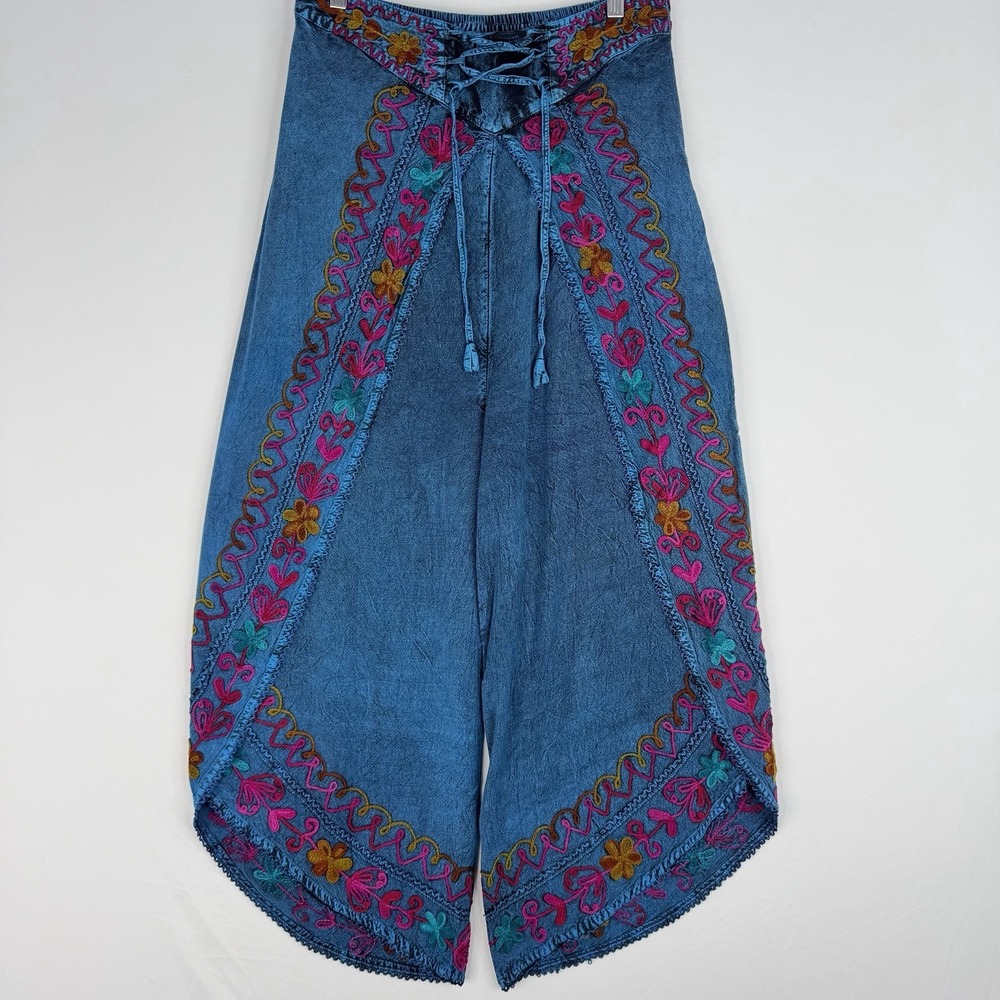 Vintage Embroidered Harem Pants Turquoise Boho Festival Genie Balloon Pants OS
